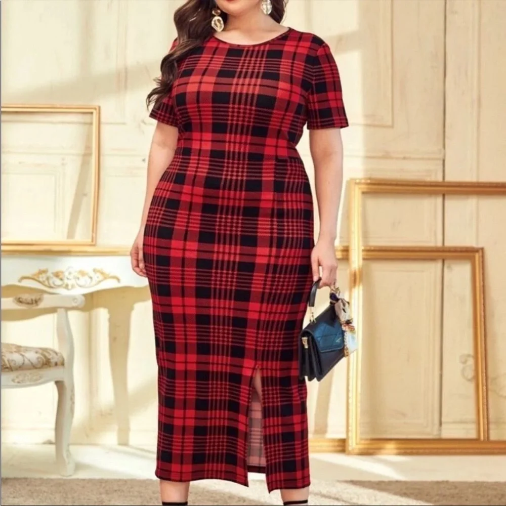 Shein plaid split hem bodycon, EUC - Picture 1 of 5